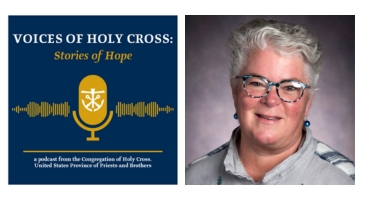 A dual image of the logo of the Holy Cross podcast and Karen Eifler