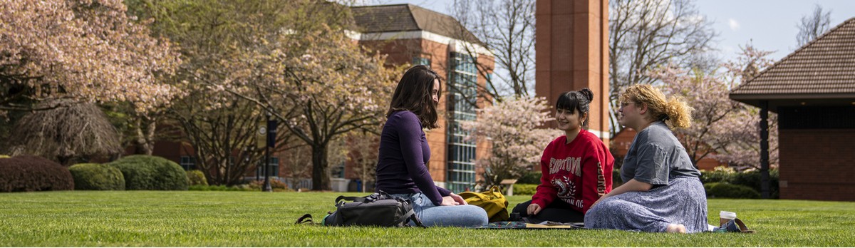Students sitting on the grass outside at the Academic Quad, talking to each other