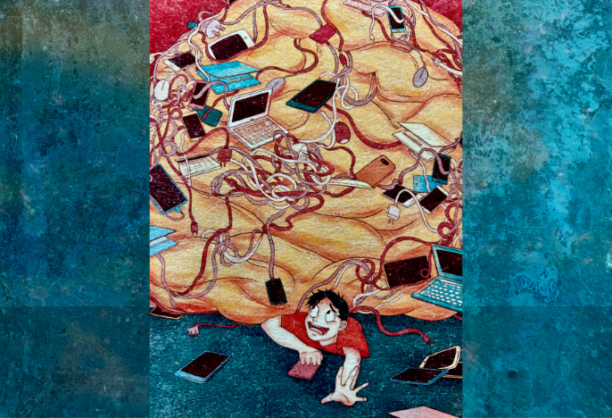 cartoon graphic boy with devices flying around