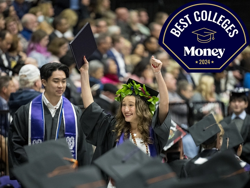 An aerial view of campus at sunset