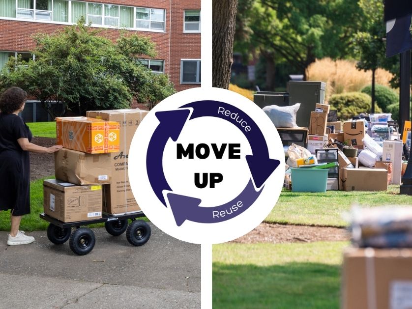 Side by side images of families moving boxes and items into dormitories with a logo overlaid on the center