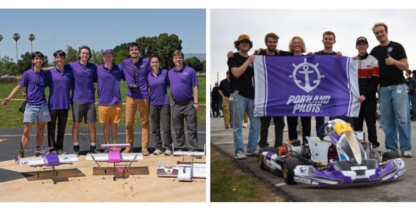 Side by side images of the Aero and EV teams posing with their equipment at their competitions.