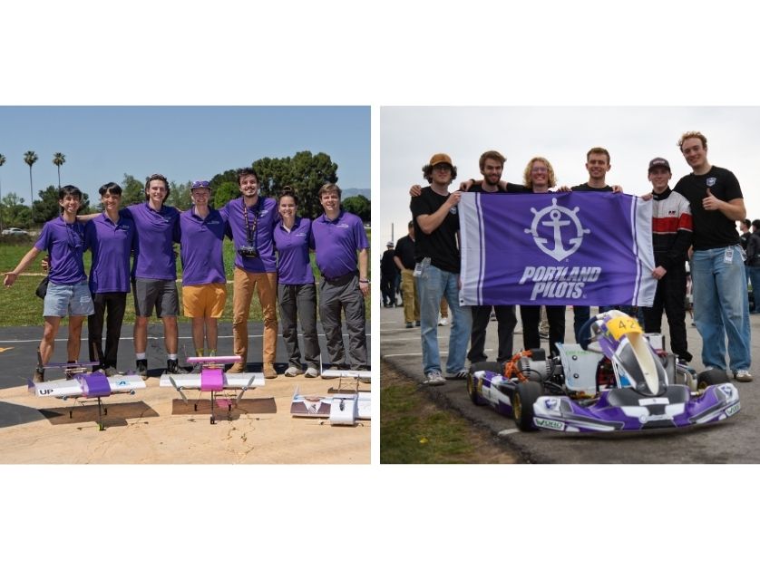 Side by side images of the Aero and EV teams posing with their equipment at their competitions.