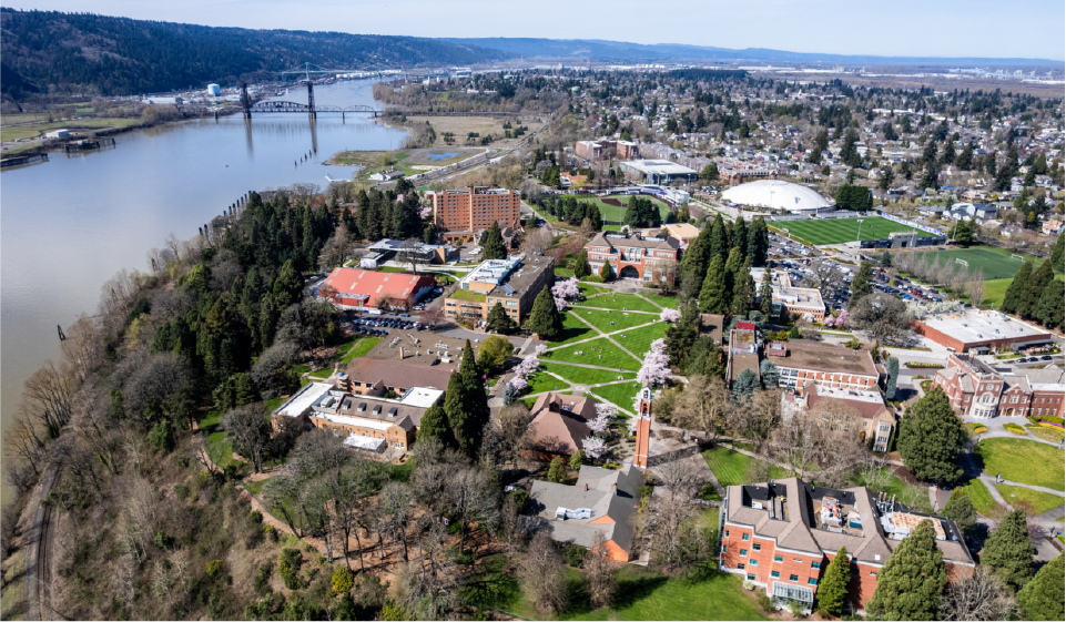 aerial view of the campus and river looking towards St John's bridge.