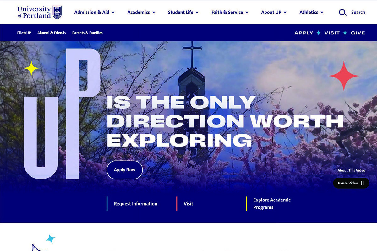 screen shot of new website header that says UP is the only direction worth exploring