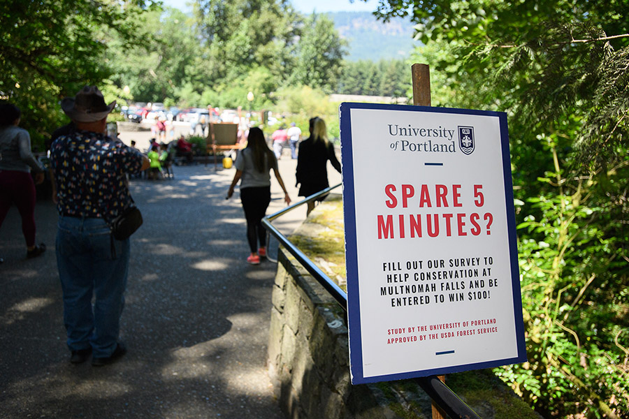 Multnomah Falls Survey Sign reads Spare Five Minutes?