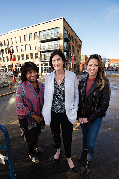 Kay Toran, Kelly Fox, and Emily Harrington outside the Blanchet House
