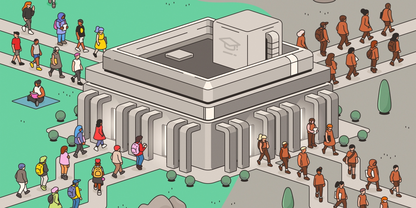 An illustration of a square grey building that resembles a microchip at the center of a green space with various paths entering and exiting the building. Students entering the building all appear differently, whilst those leaving the building all look the same.