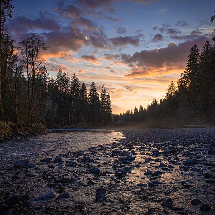 Pink sky over the river.