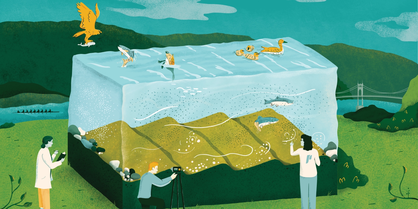 Illustration of people engaged in various activities by a river