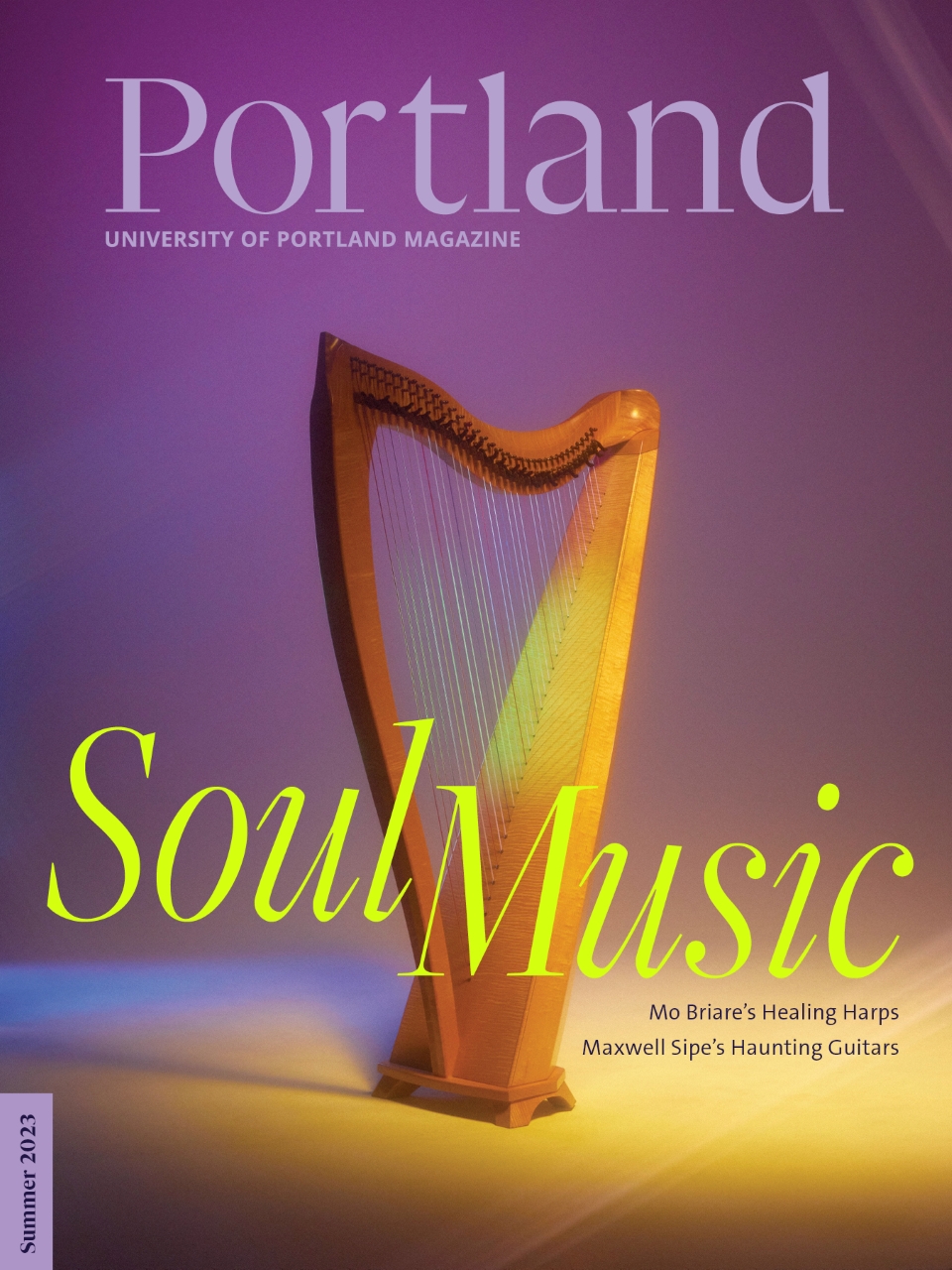 An image of Mo Briare's Harp in a studio filled with ethereal colorful light.