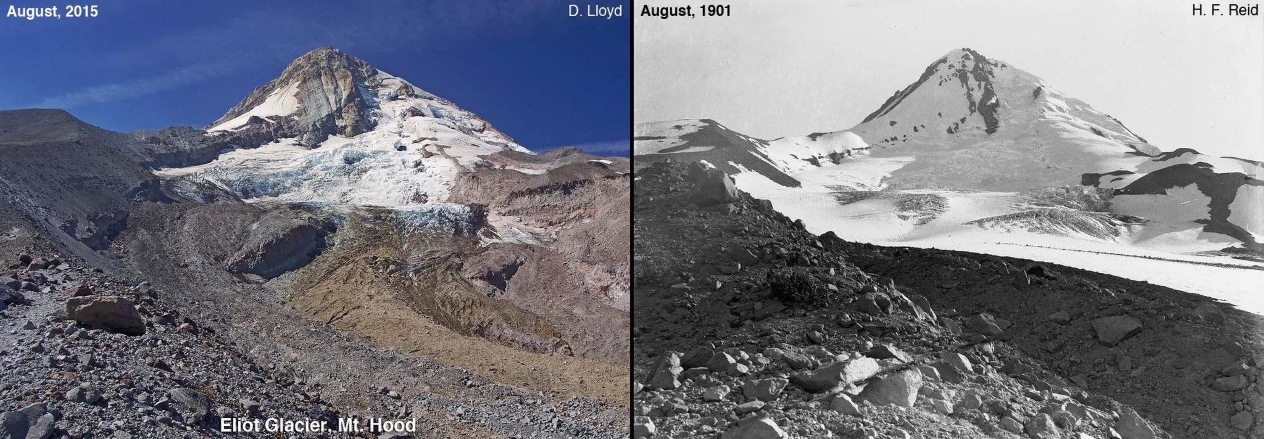 A side by side comparison of the Mt. Hood glacier illustrating the glacier's recession and shrinkage over the last 115 years.