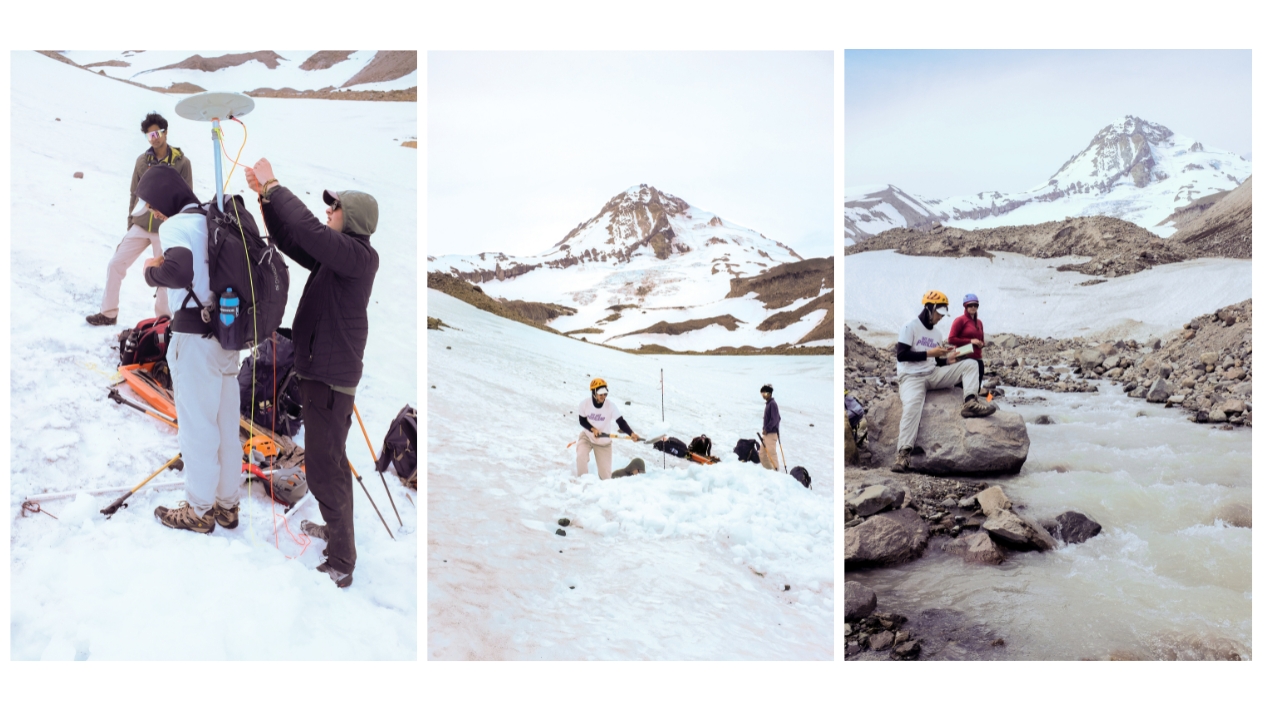 Three images side by side, detailing the process of the glaciology team's efforts to measure the glacier surrounded by its icy landscape.