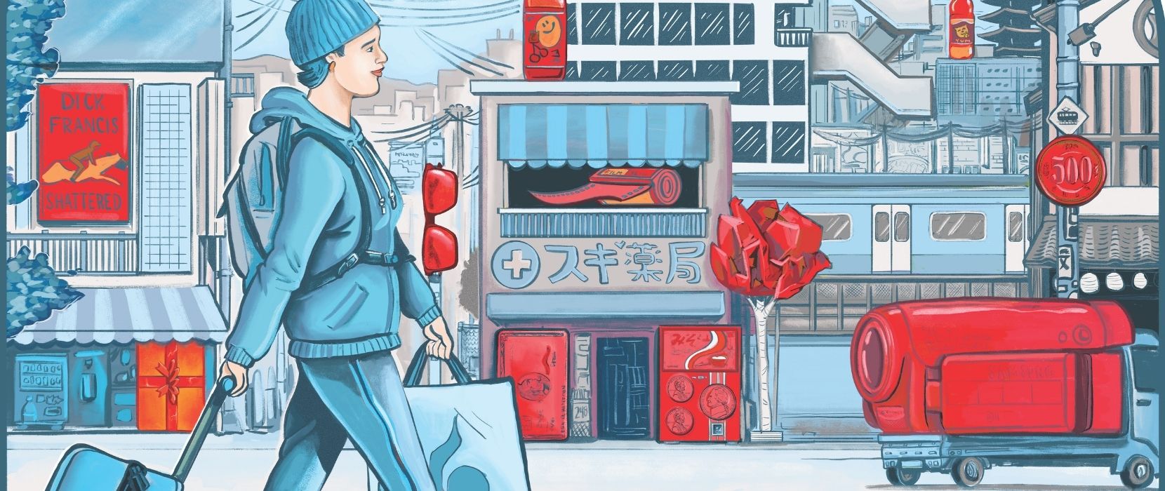 Woman walks in city with her lost things highlighted in red around her