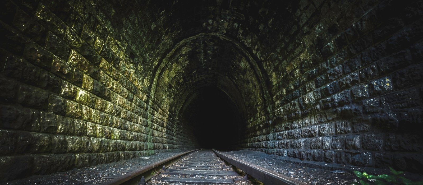 The entrance to a railroad tunnel disappearing into the darkness