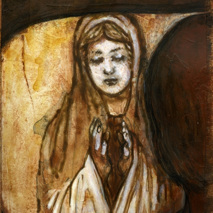 sepia-toned watercolor illustration of a statue of Mary seen through the frame of a car window