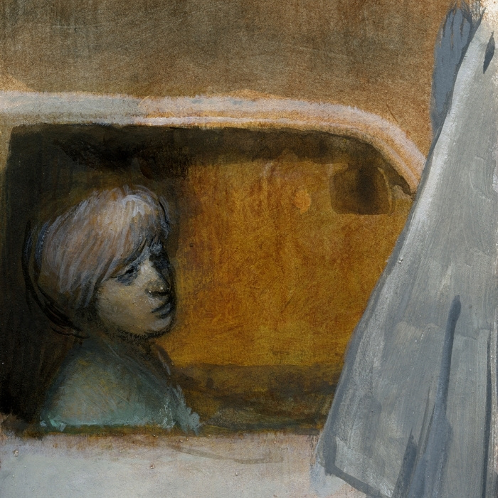 sepia-toned watercolor and chalk illustration of a sad-looking woman leaning over in a car and looking at the statue of Mary