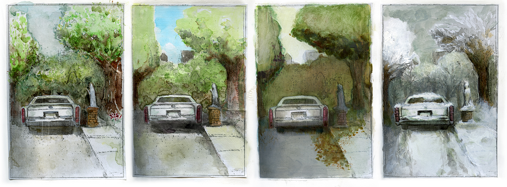 four watercolor illustrations of an older-make sedan parked at the curb in front of a statue in each of the four seasons (spring, summer, fall, winter)