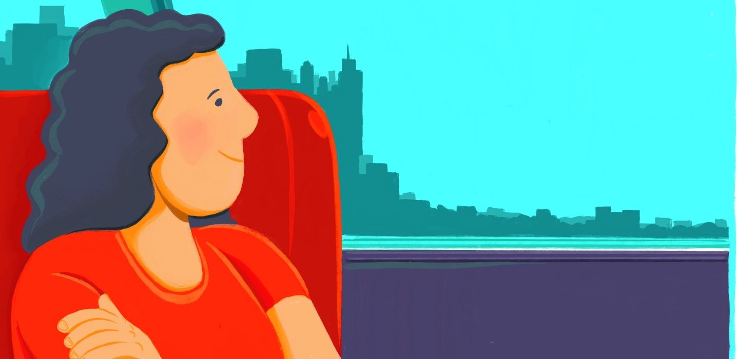 A cartoon style illustration of a woman seated by a window gazing out thoughtfully at a skyline.