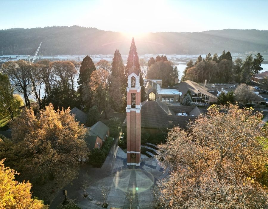 An aerial view of the bell tower in the Fall at sunrise