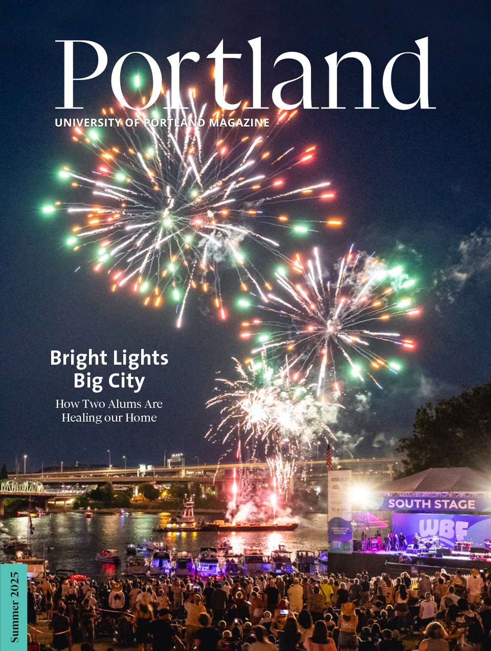 The cover of the Summer 2025 issue of Portland magazine features an image of an outdoor festival on the river at night with fireworks in the sky