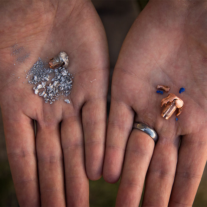 Lead bullets (left) fragment on impact; copper bullets (right)