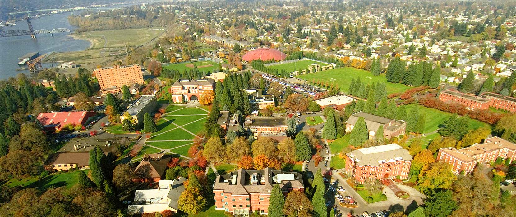 The Franz River Campus, pictured here in 2005, is situated between UP's main campus and St. John's Bridge.