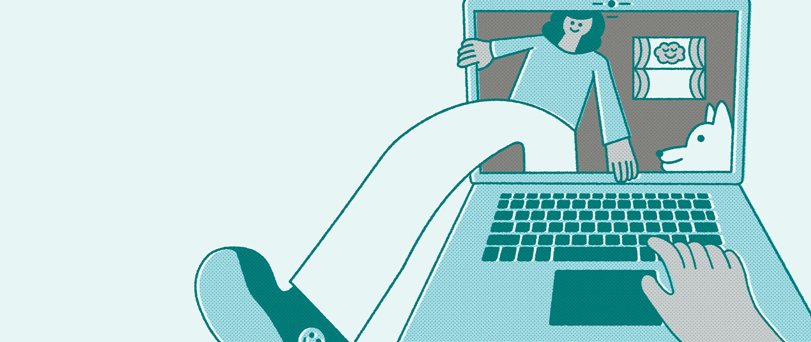 Illustration of someone climbing out of a computer screen.