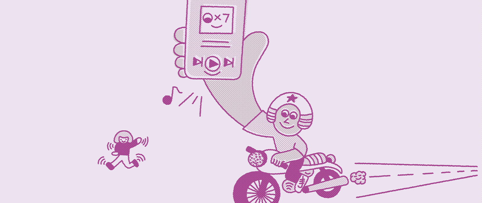 Illustration of person on a motorcycle playing music