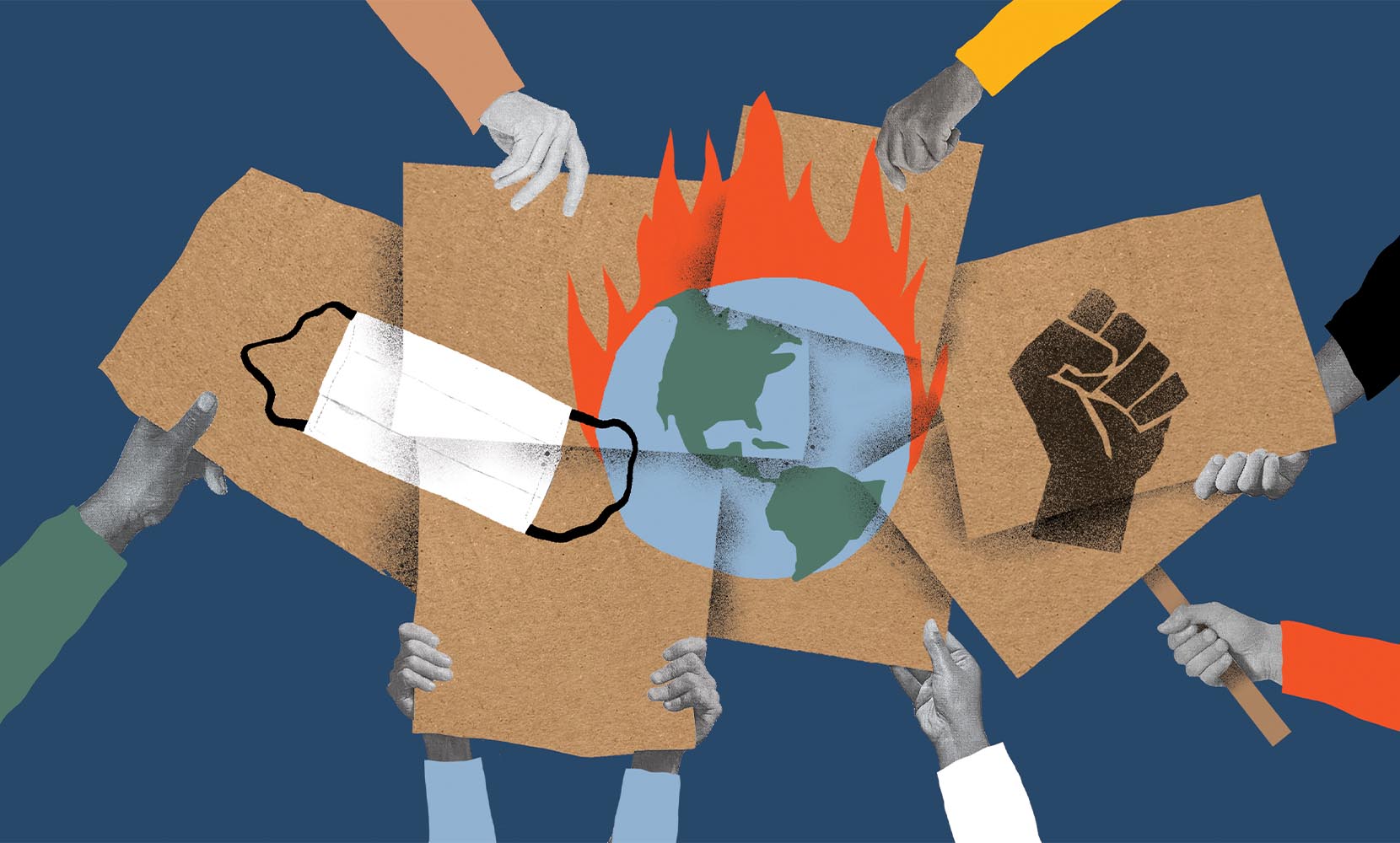on cardboard signs held by hands, illustrations of a burning globe, black power fish, and a face mask