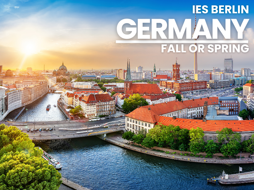 sunny aerial of Berlin with program name in the corner